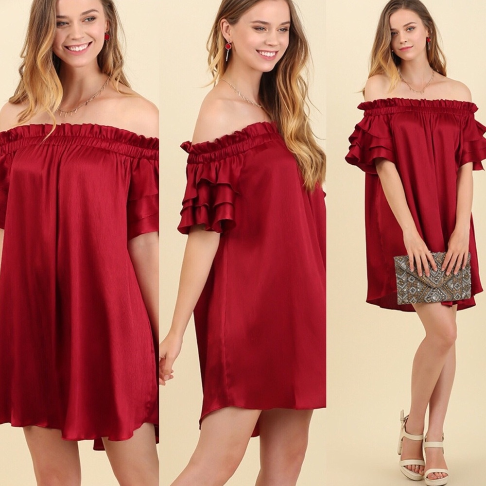 Red Off The Shoulder Satin Dress